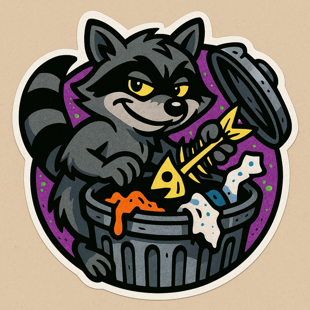 Raccoon rummaging through trash can